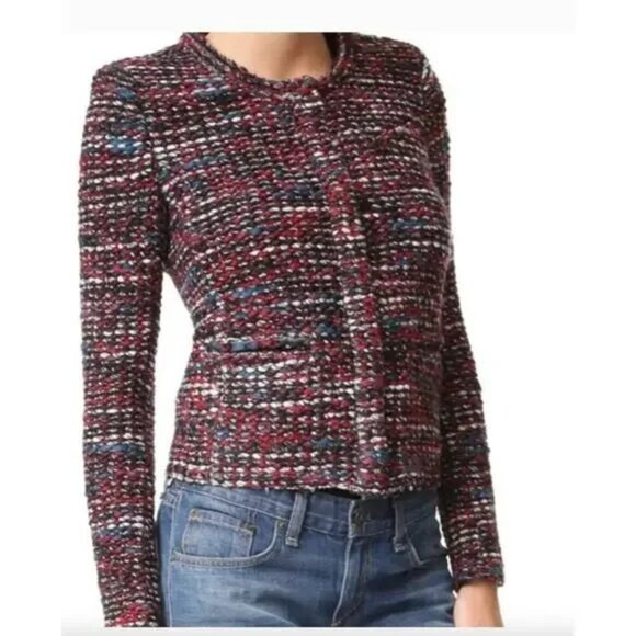 IRO Carene Tweed Jacket Blazer Knit Knotted Boucle Red Black Wool Blend Size 10 - Picture 3 of 5